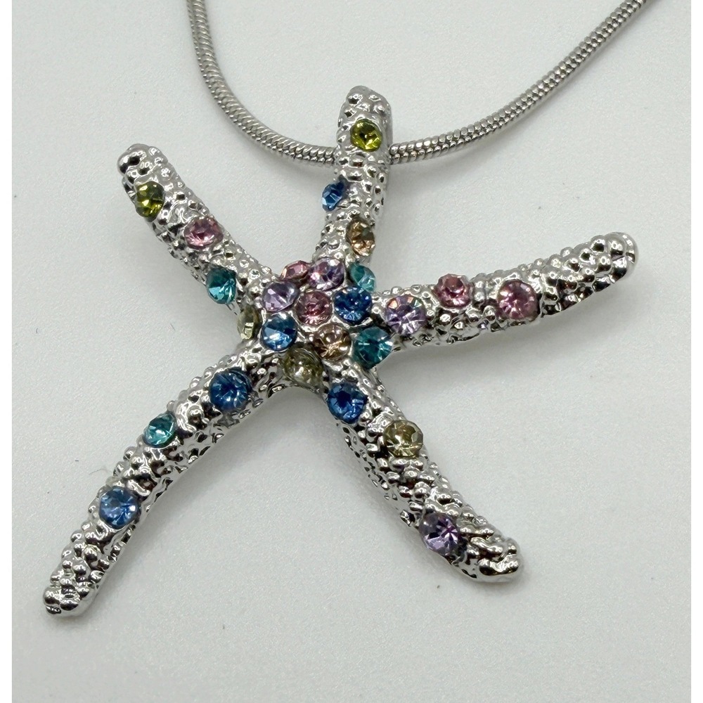Rhinestone Starfish Necklace 17" Snake Chain Nautical Silver‎